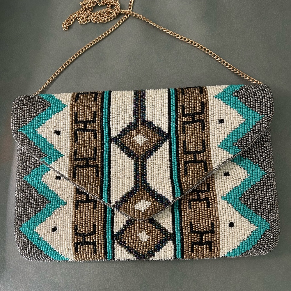 Beaded Envelope Crossbody Bag in Teal, Cream & Brown